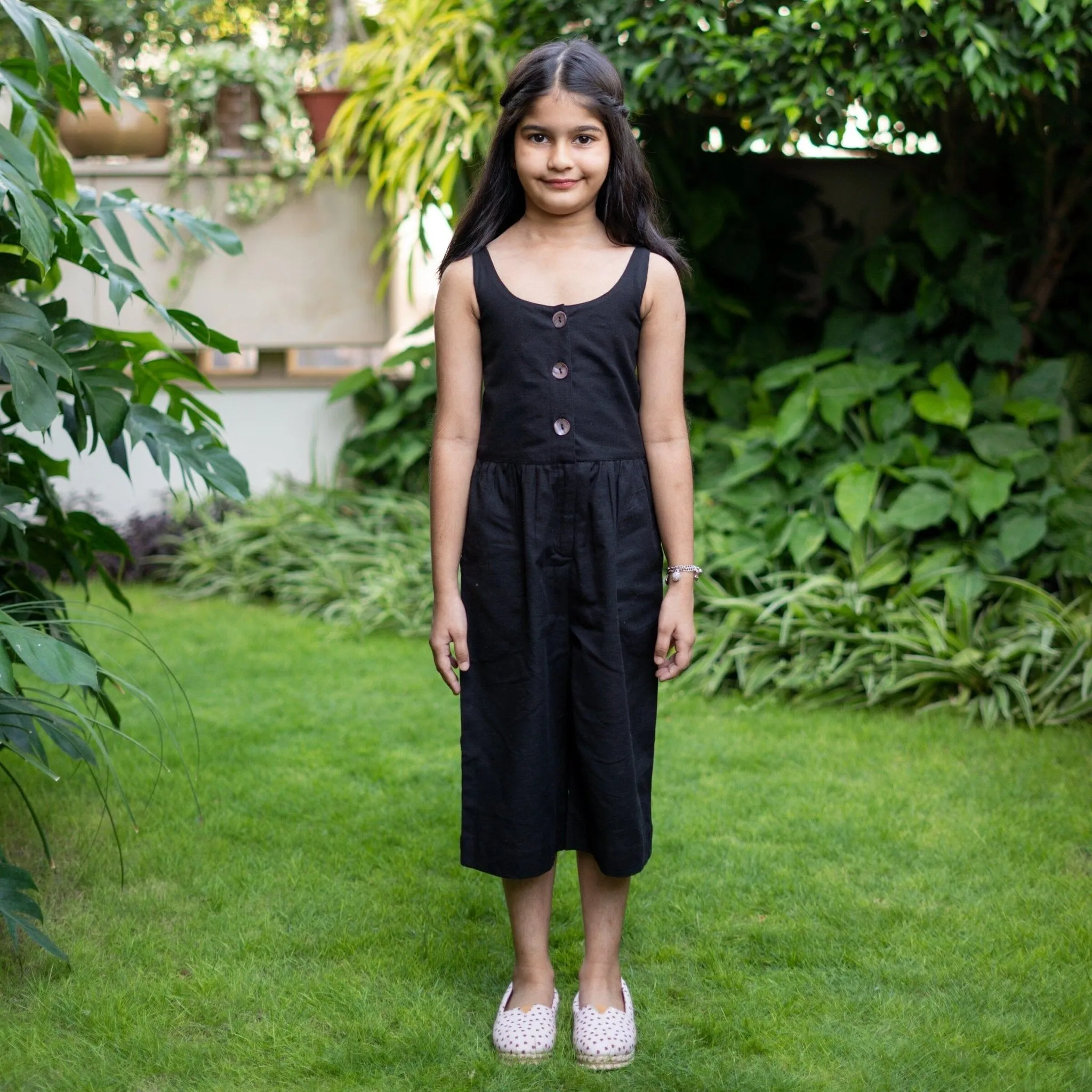 Girls - Black Cotton Flax Button-Down Midi Jumpsuit