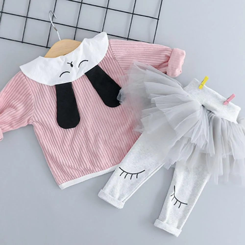Girls Button Cartoon Rabbit Corduroy Top & Tulle Culottes