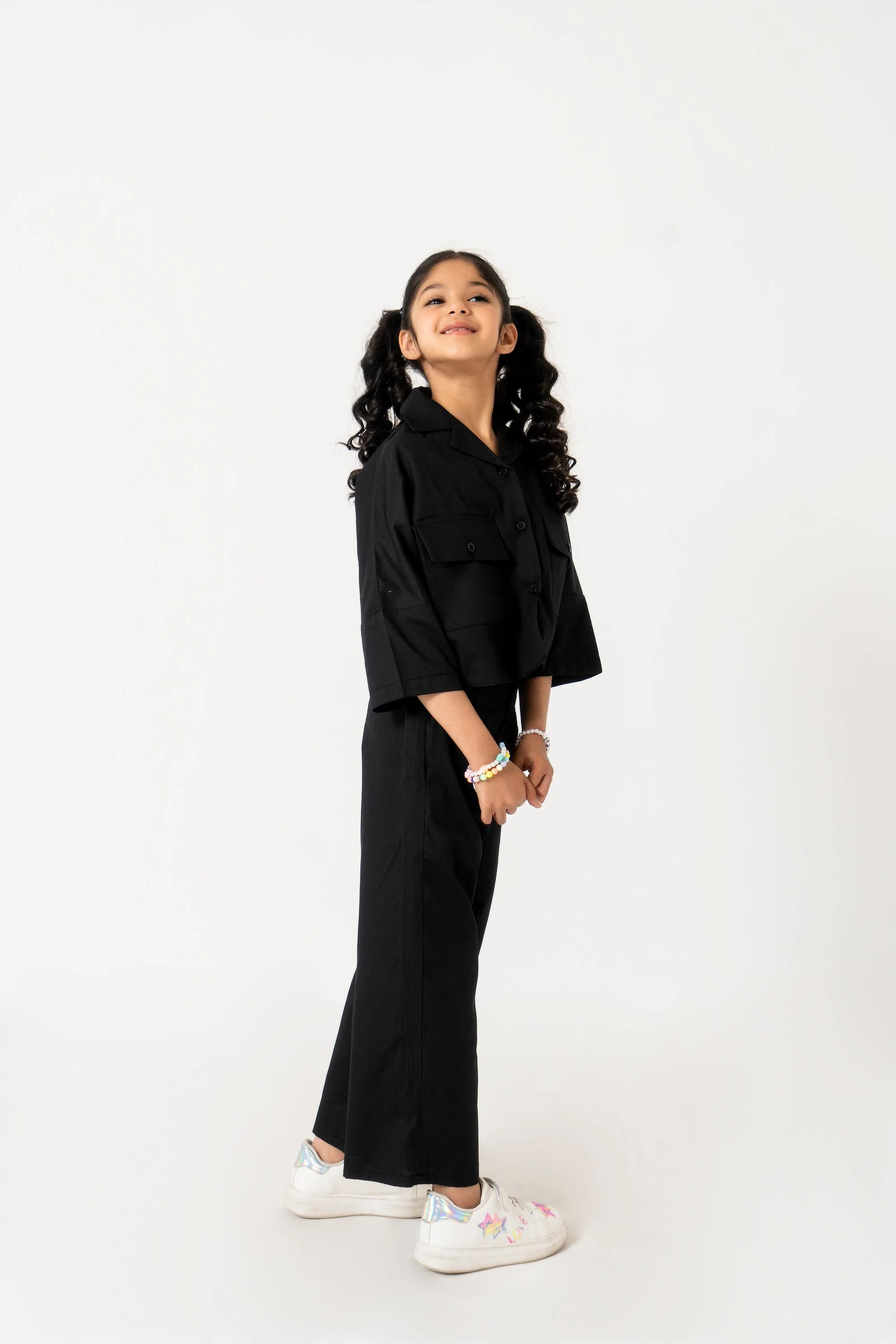 Girls High Waisted Culottes Pant With Pleat - Black