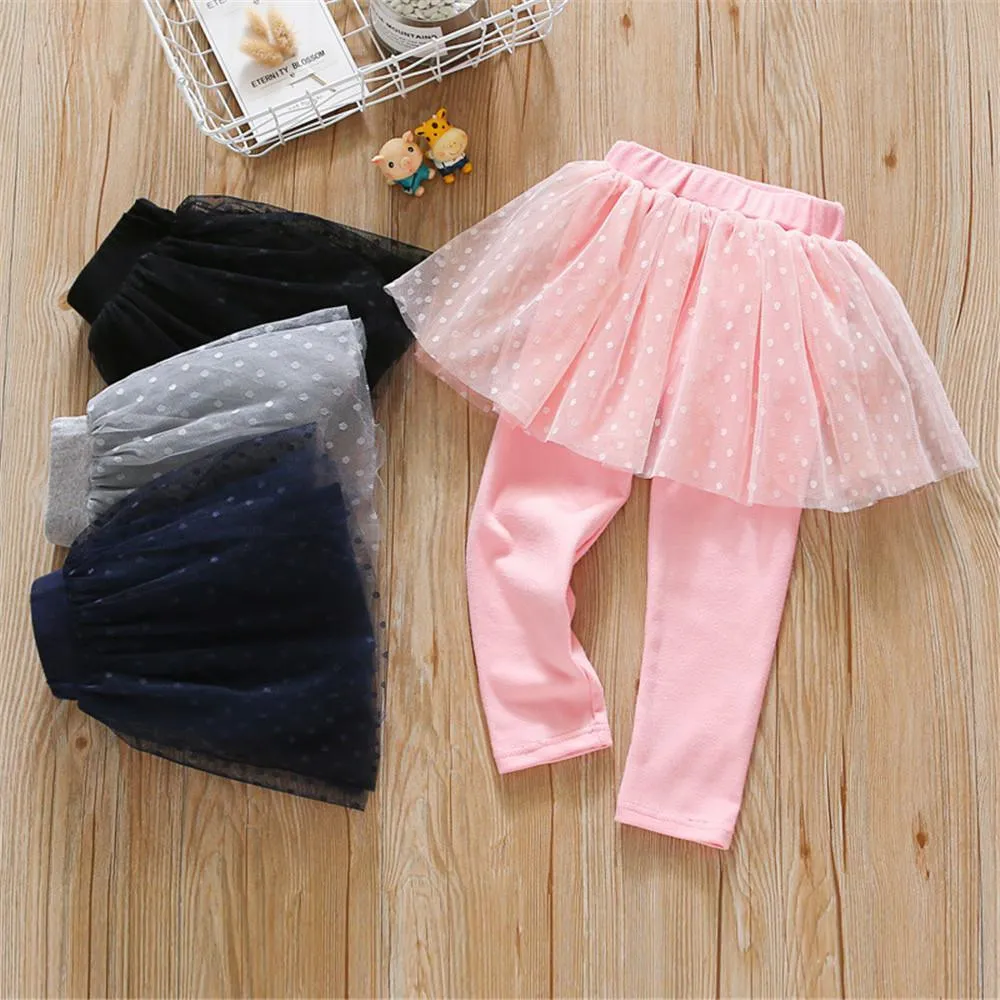 Girls Solid Polka Dot Casual Mesh Culottes