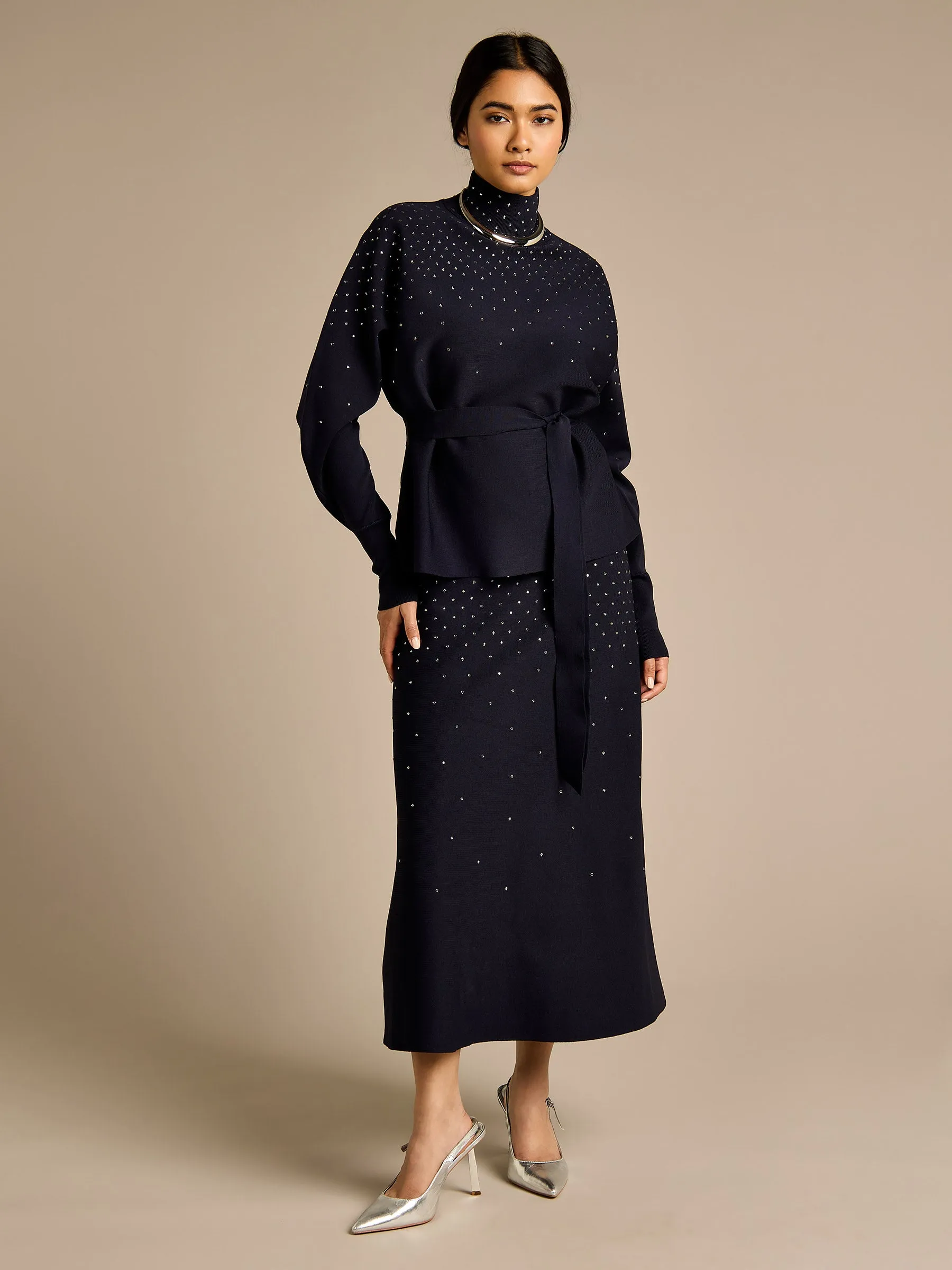 GWD Sparkle Iris Knitted Navy Midi Skirt