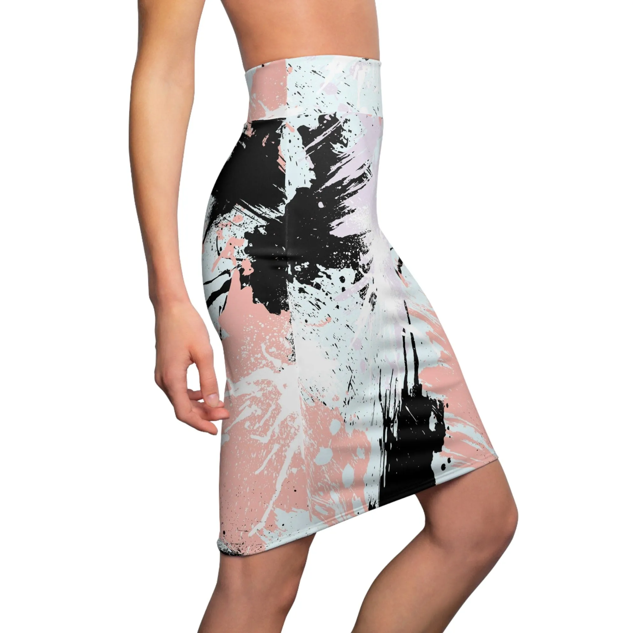 High Waist Womens Pencil Skirt - Contour Stretch - Abstract Pink Black White Paint Splatter Pattern