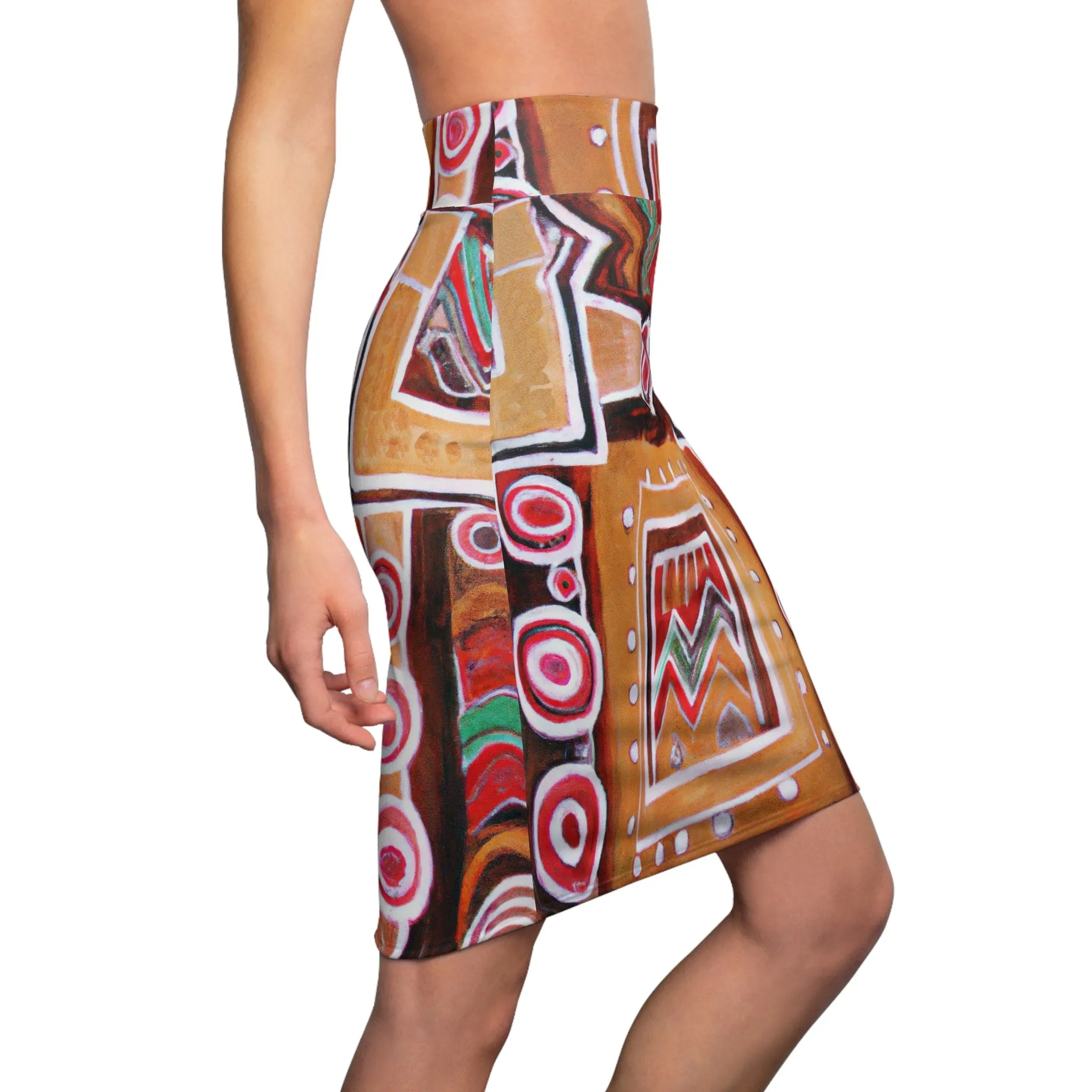 High Waist Womens Pencil Skirt - Contour Stretch - Brown Orange Green Aztec Pattern
