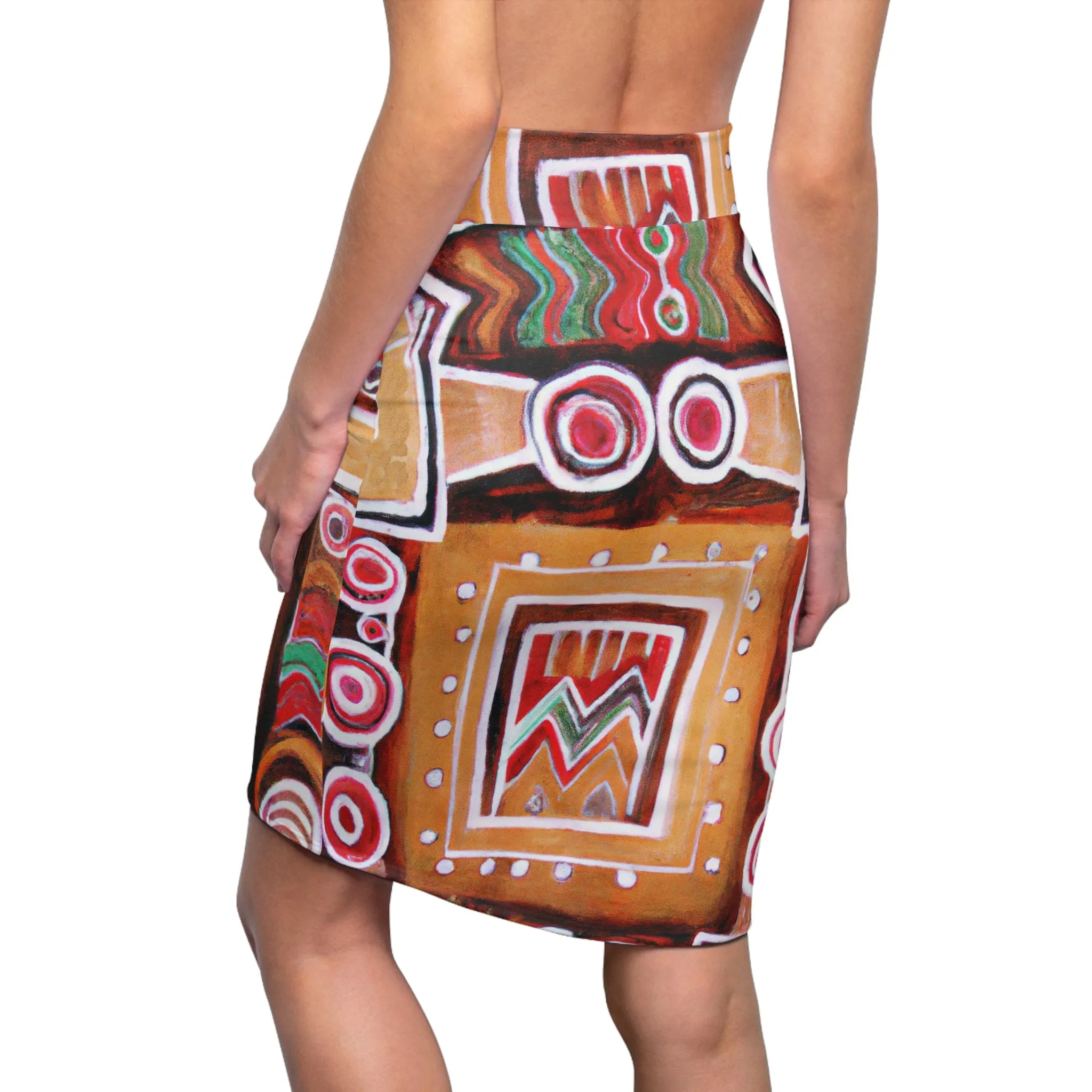 High Waist Womens Pencil Skirt - Contour Stretch - Brown Orange Green Aztec Pattern