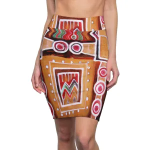 High Waist Womens Pencil Skirt - Contour Stretch - Brown Orange Green Aztec Pattern