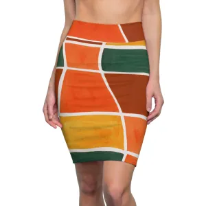 High Waist Womens Pencil Skirt - Contour Stretch - Orange Green Yellow Boho Pattern