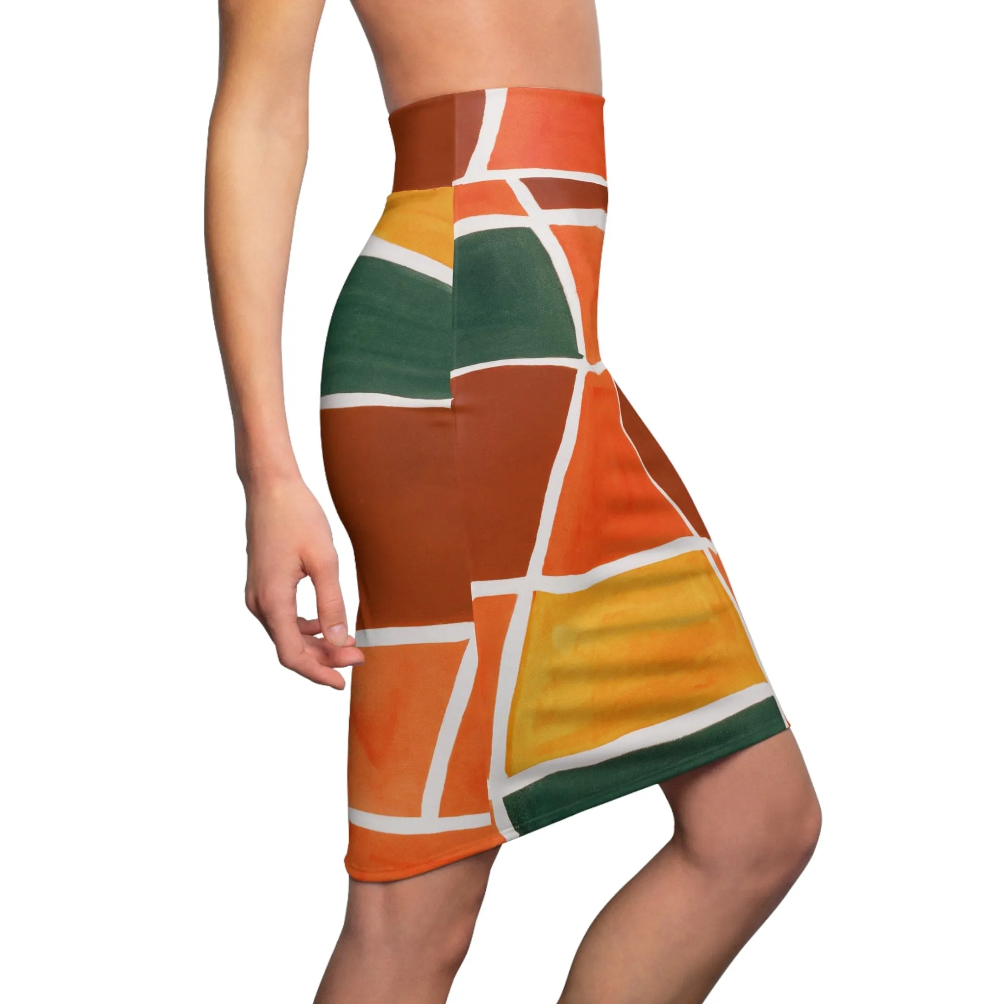 High Waist Womens Pencil Skirt - Contour Stretch - Orange Green Yellow Boho Pattern