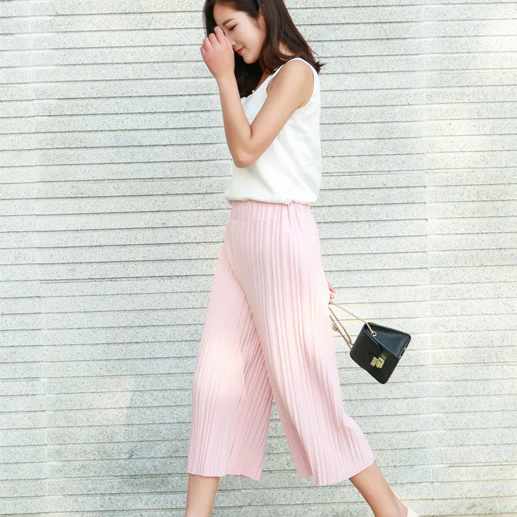 Korean Slim-Look Pleated Wide Leg Pants Student Cropped Loose Casual Summer Culottes