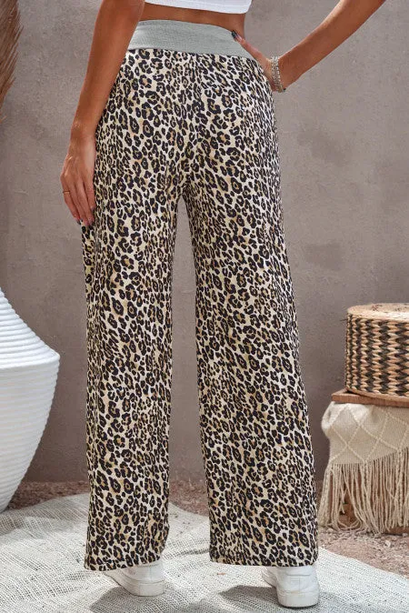 Leopard Print Drawstring Waist Wide Leg Pants