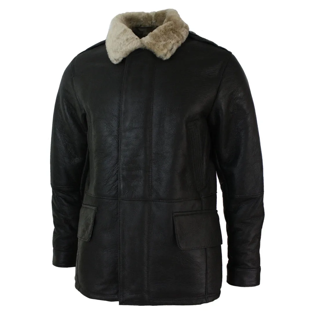 Men's Shearling Sheepskin 3/4 Overcoat Brown Beige Fur Warm Winter