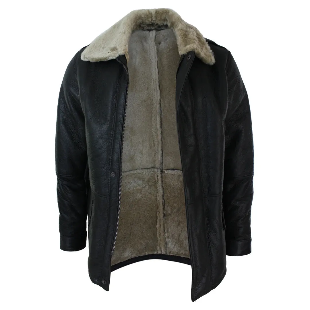 Men's Shearling Sheepskin 3/4 Overcoat Brown Beige Fur Warm Winter