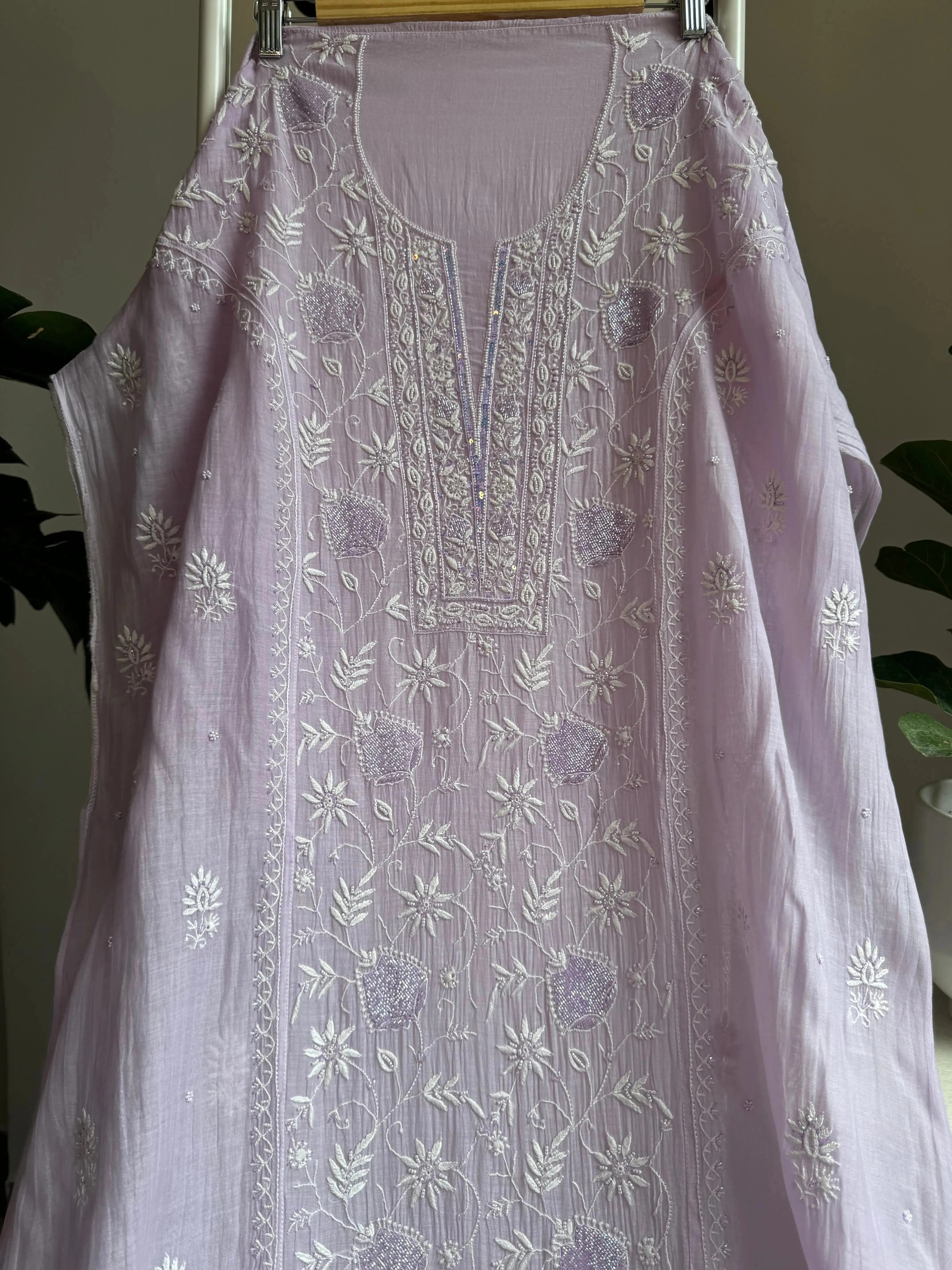 Mul Chanderi Straight Chikankari Tunic - Lilac