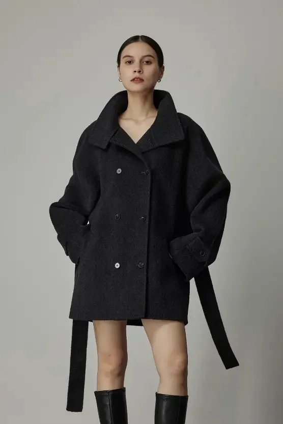 Oversized Wool Alpaca Stand Collar Cape Coat with Belt