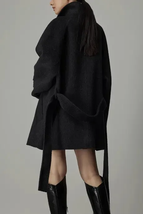 Oversized Wool Alpaca Stand Collar Cape Coat with Belt