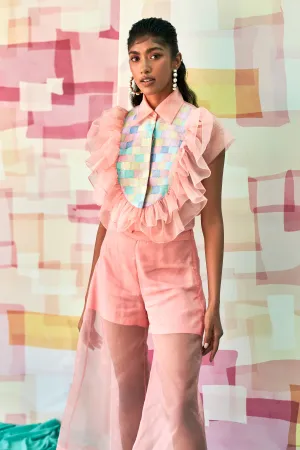 Peach Organza Ruffles Embroidery Co-ord Set