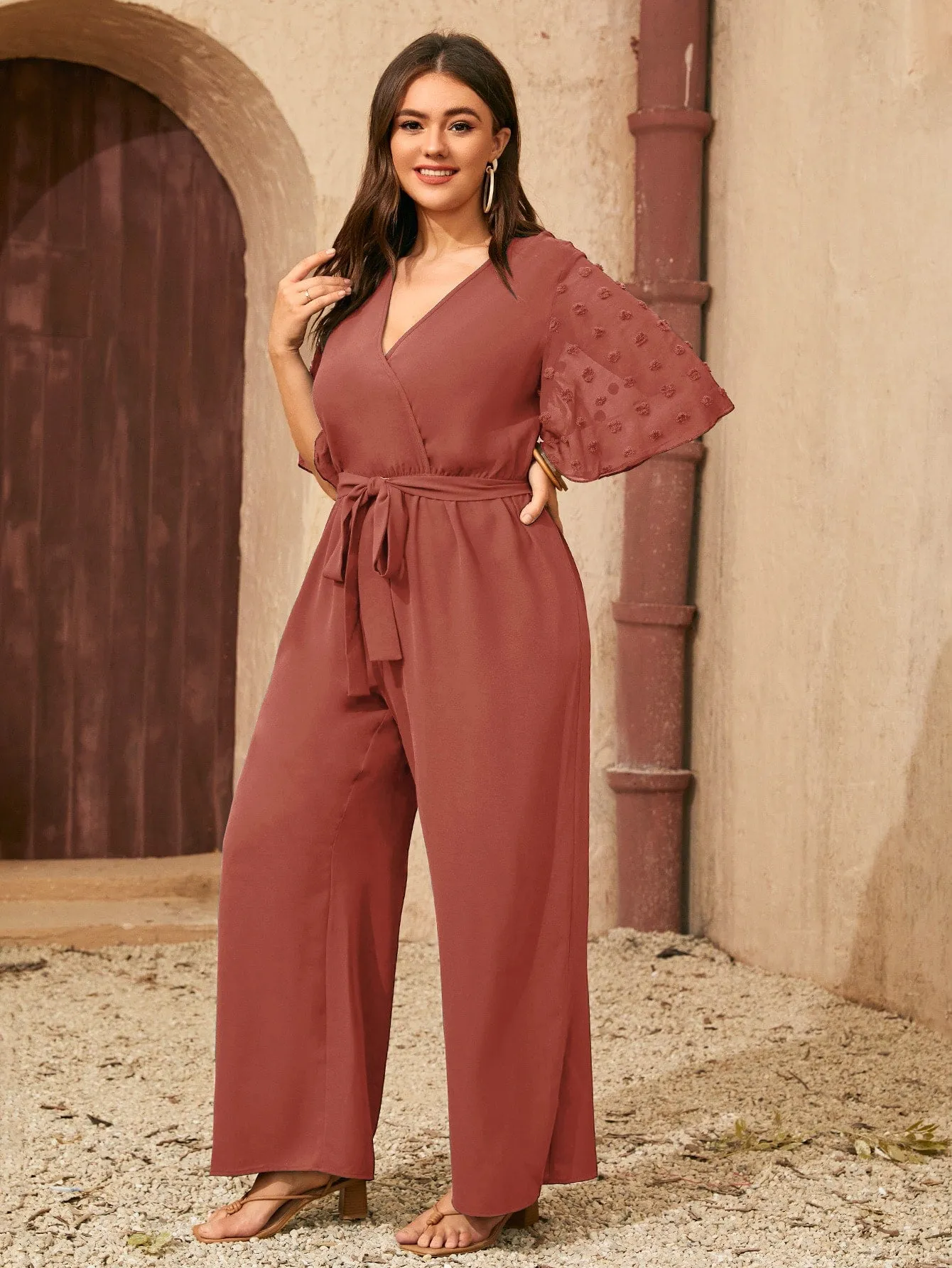 Plus Swiss Dot Butterfly Sleeve Wide Leg Belted Jumpsuit