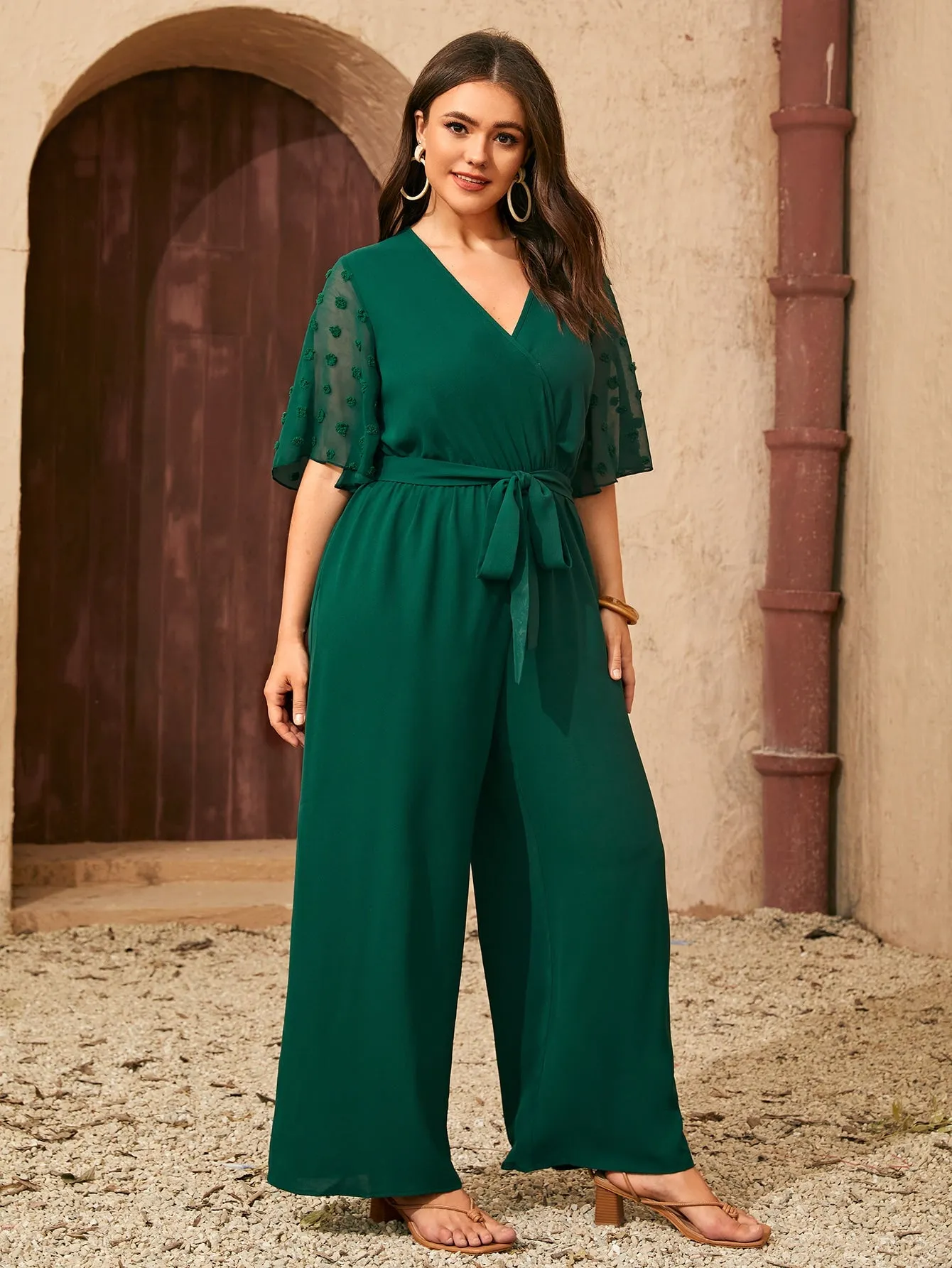 Plus Swiss Dot Butterfly Sleeve Wide Leg Belted Jumpsuit