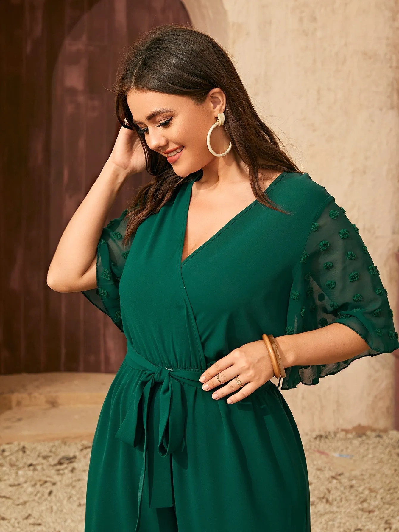 Plus Swiss Dot Butterfly Sleeve Wide Leg Belted Jumpsuit