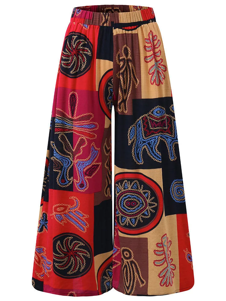 PopularWomen Printed Loose Bell Bottoms Casual Plus Size Culottes