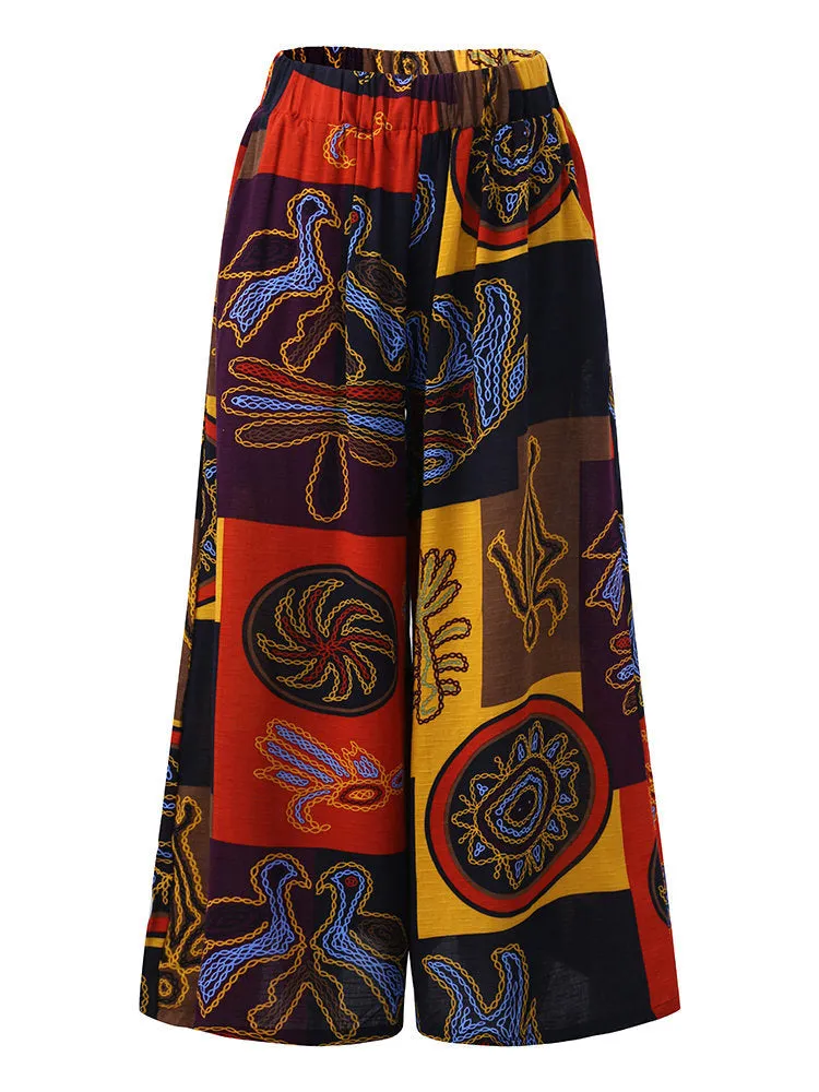 PopularWomen Printed Loose Bell Bottoms Casual Plus Size Culottes