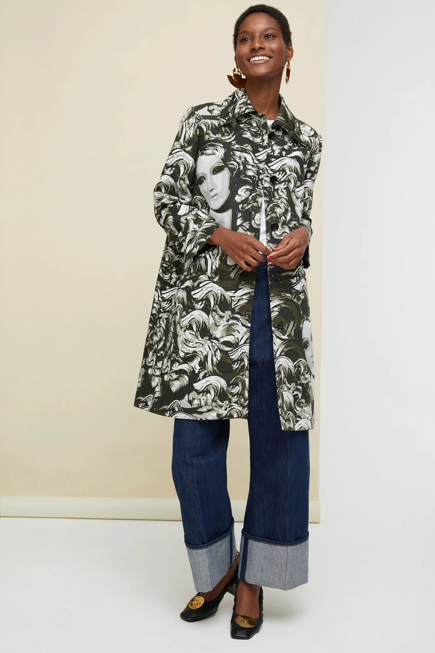 Ruffle hem printed gabardine coat