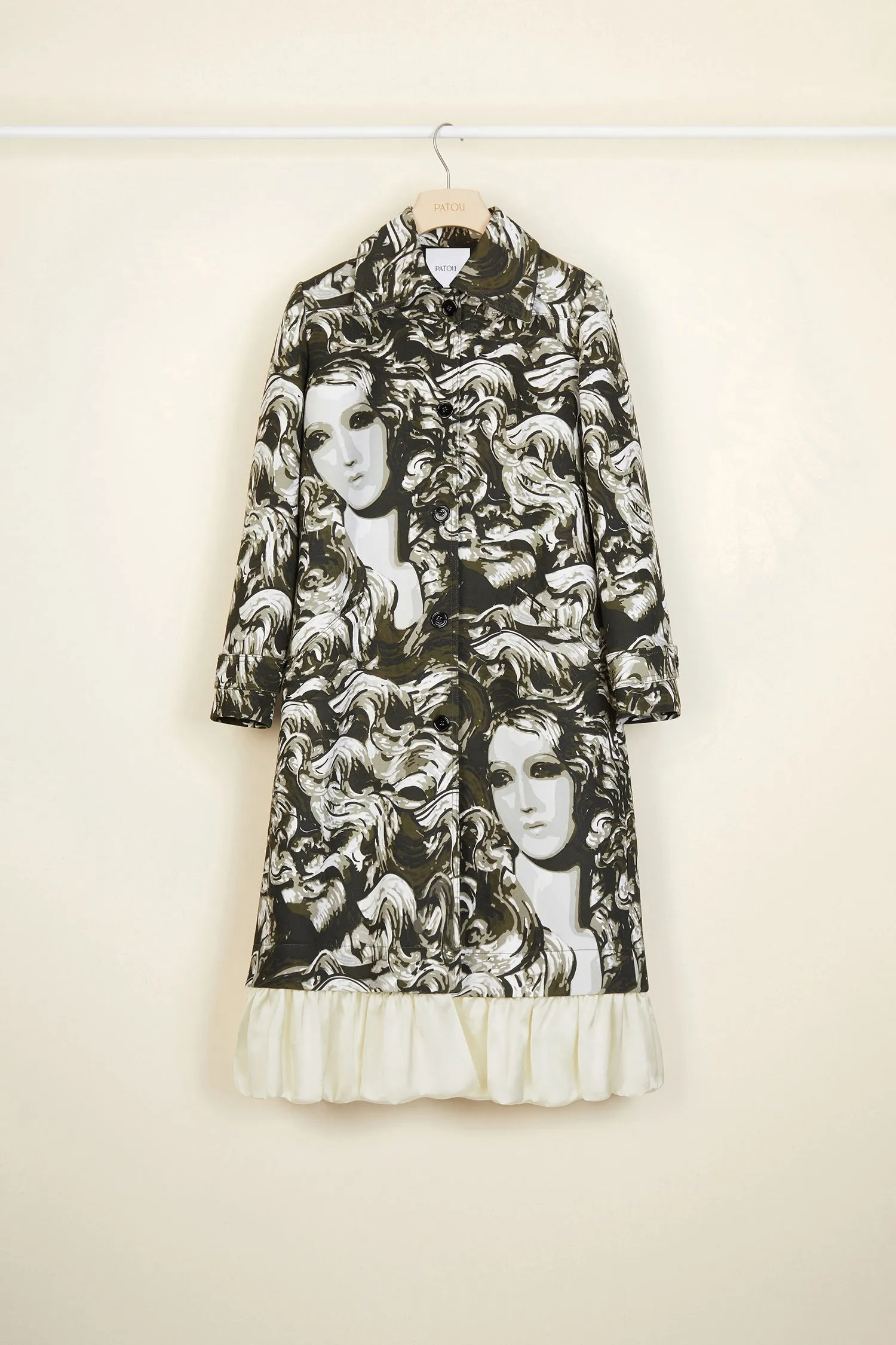 Ruffle hem printed gabardine coat