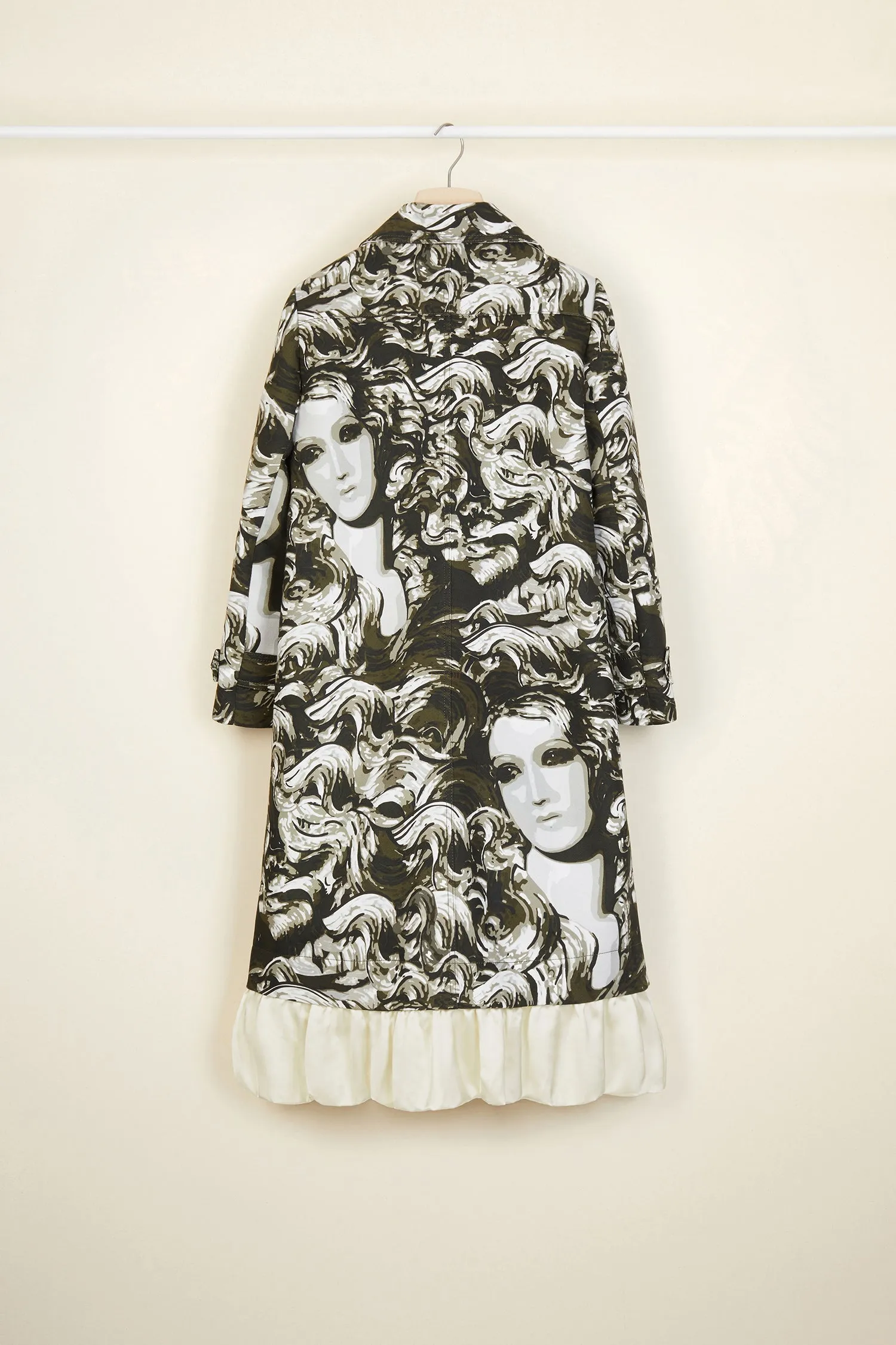 Ruffle hem printed gabardine coat