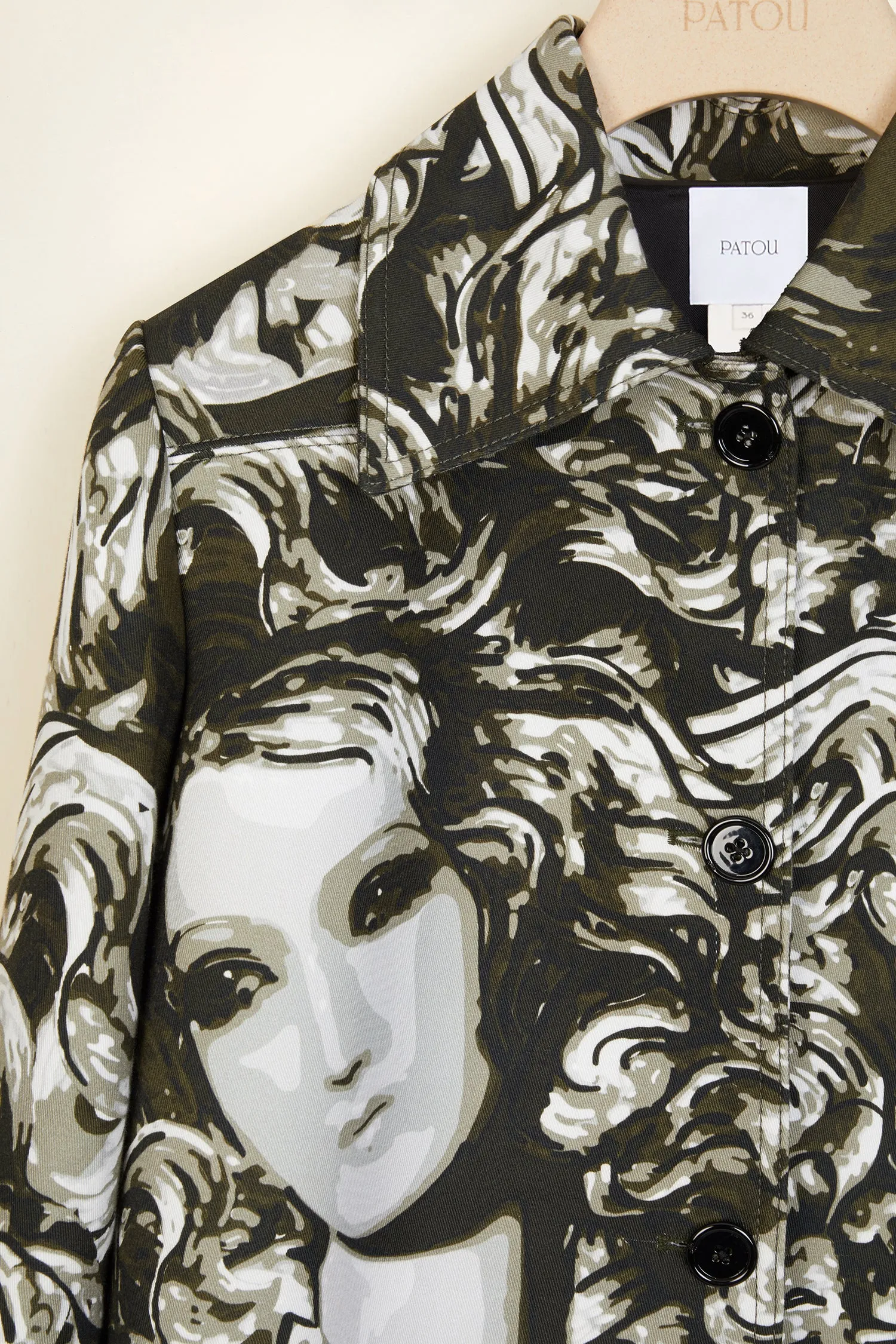 Ruffle hem printed gabardine coat