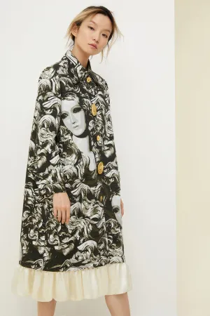 Ruffle hem printed gabardine coat