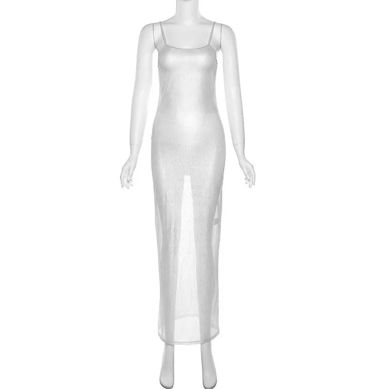 Summer See-Through Net Silver Straps Slim Fit Maxi Dress