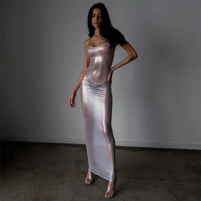 Summer See-Through Net Silver Straps Slim Fit Maxi Dress