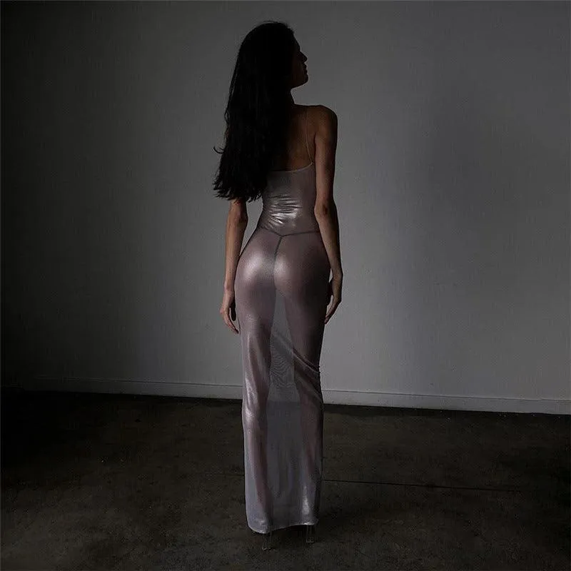 Summer See-Through Net Silver Straps Slim Fit Maxi Dress