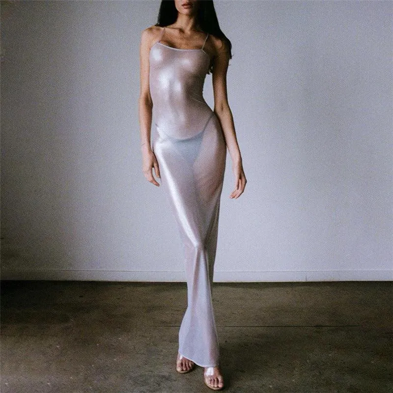 Summer See-Through Net Silver Straps Slim Fit Maxi Dress