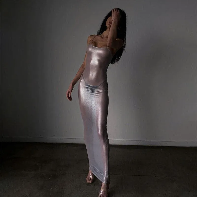 Summer See-Through Net Silver Straps Slim Fit Maxi Dress