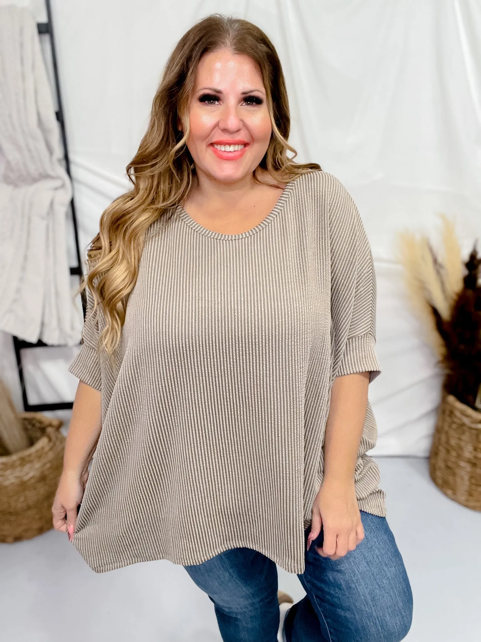 Tan Olive Round Neck Ribbed Tunic Top