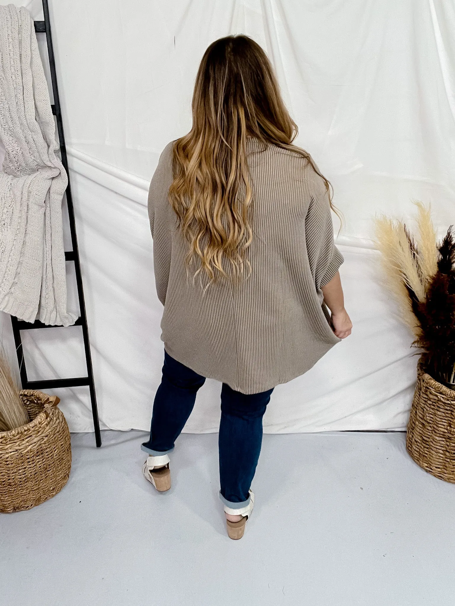 Tan Olive Round Neck Ribbed Tunic Top