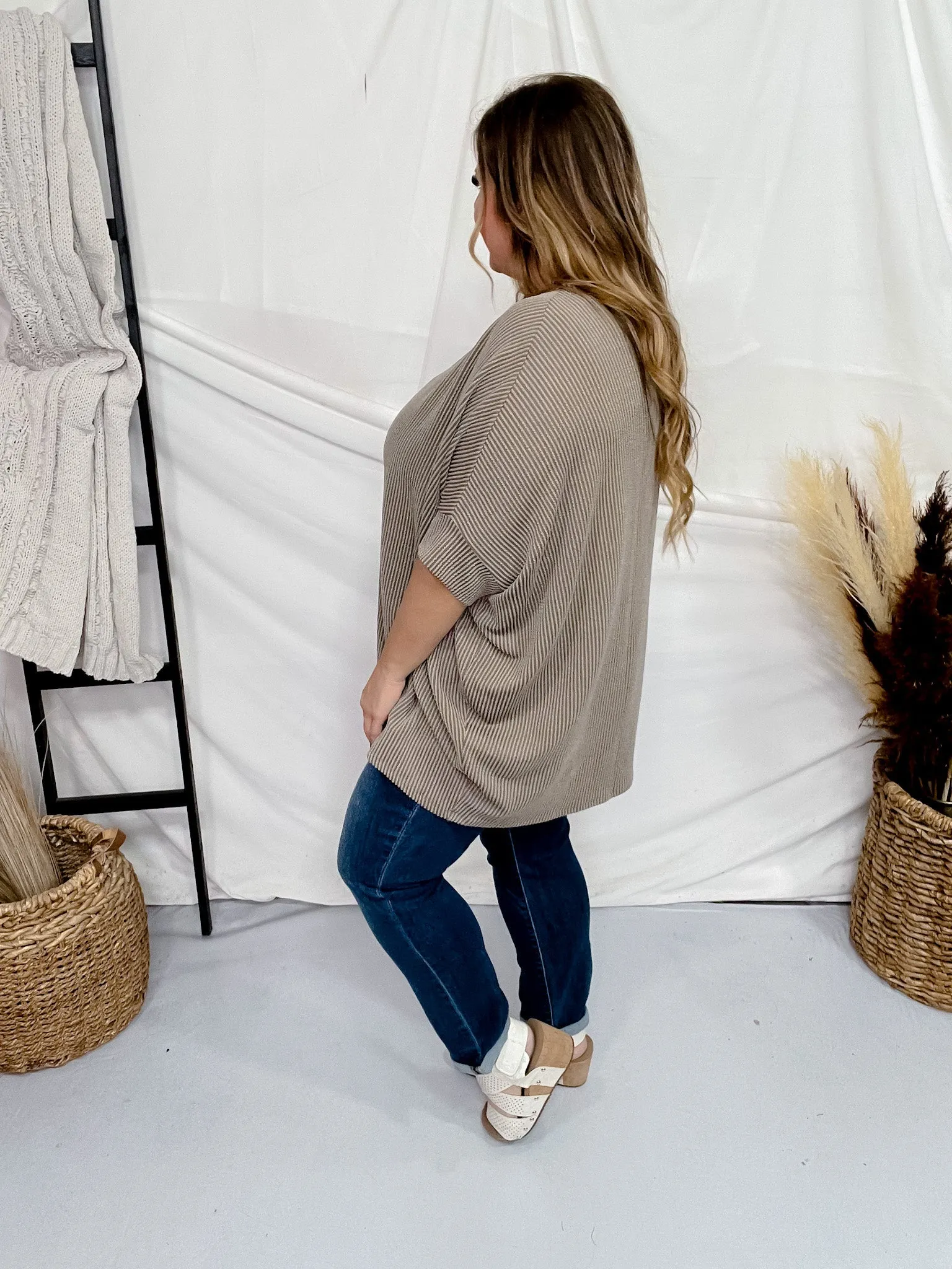 Tan Olive Round Neck Ribbed Tunic Top