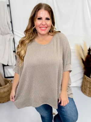Tan Olive Round Neck Ribbed Tunic Top