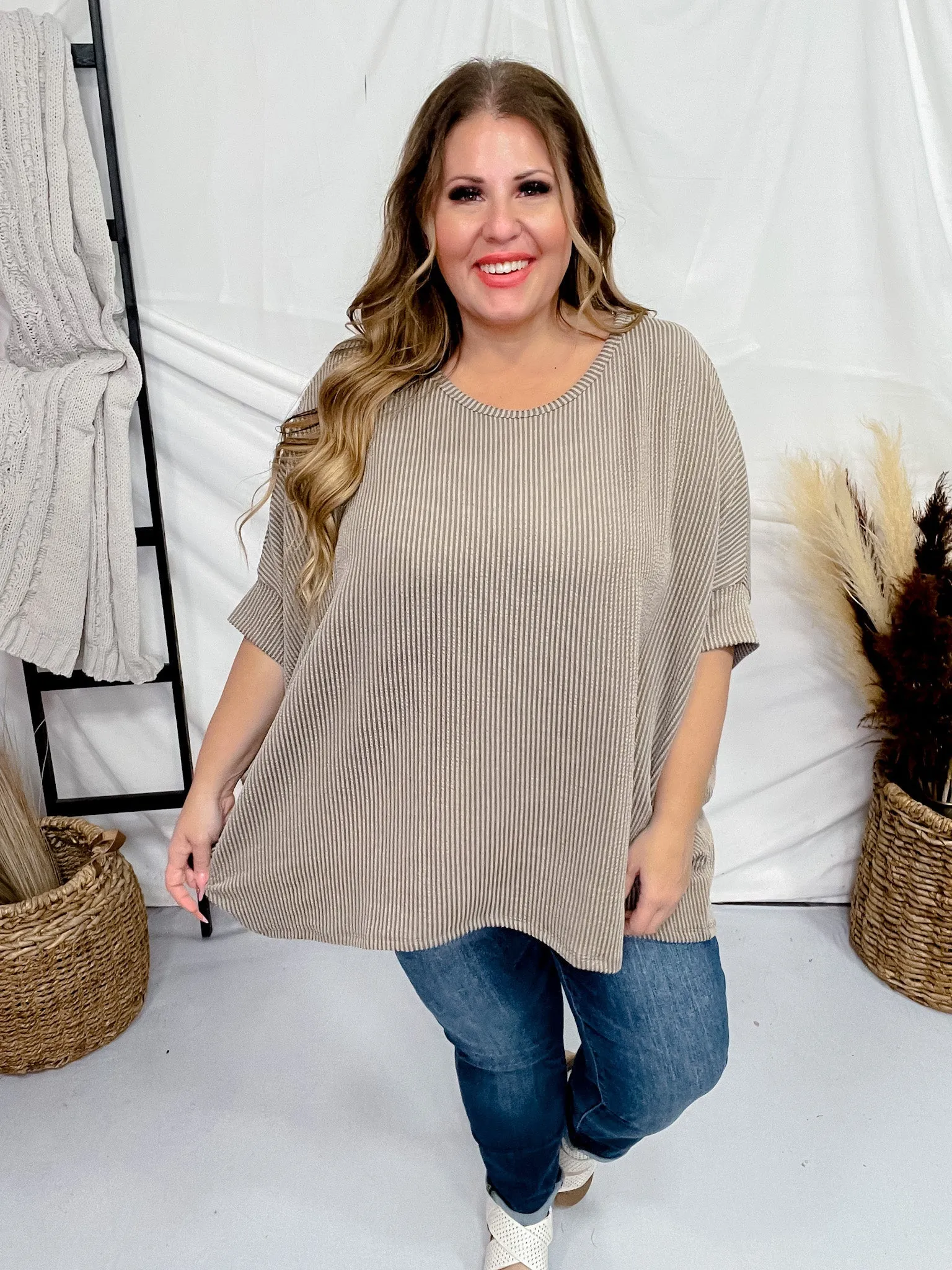 Tan Olive Round Neck Ribbed Tunic Top