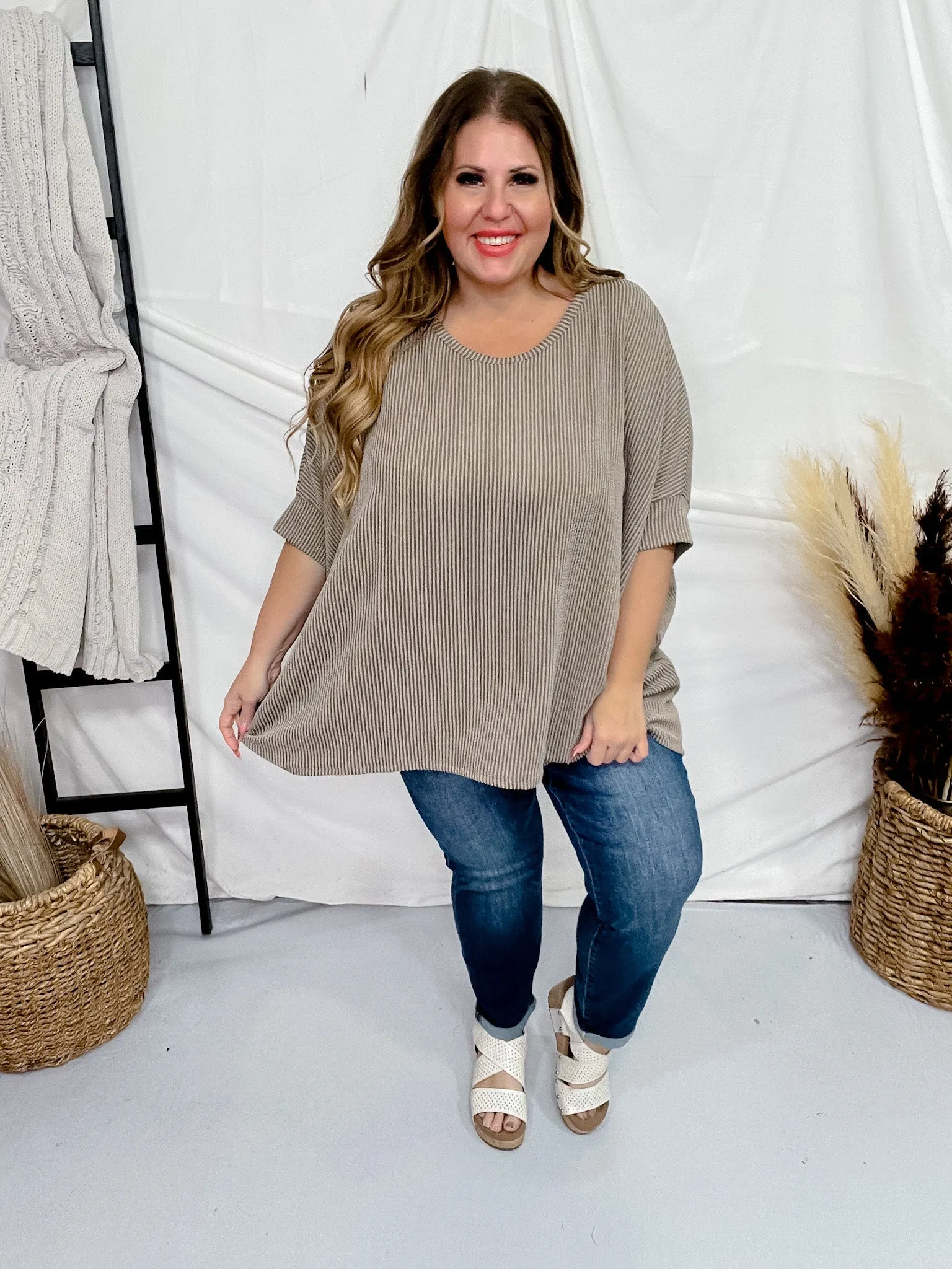Tan Olive Round Neck Ribbed Tunic Top