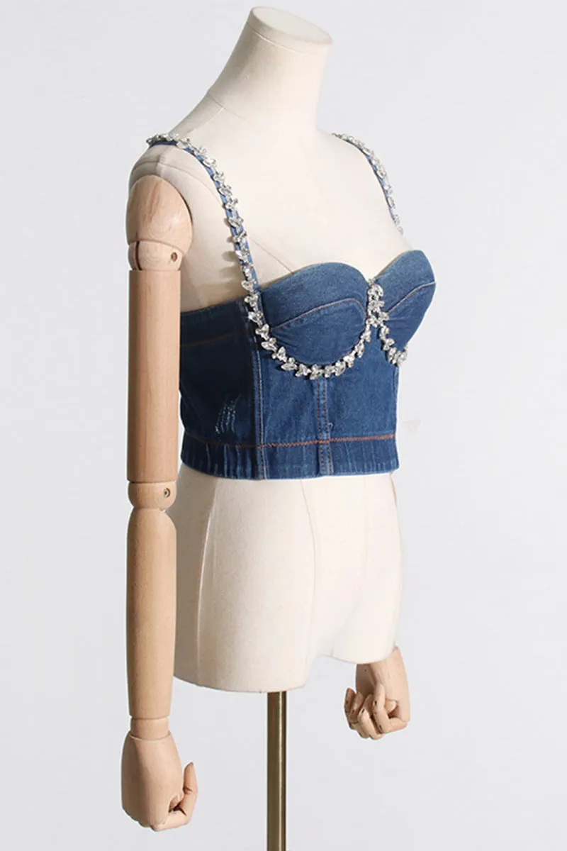 TF811 Rhinestone Stitch Sweetheart Denim Top