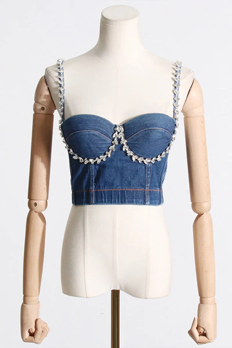 TF811 Rhinestone Stitch Sweetheart Denim Top