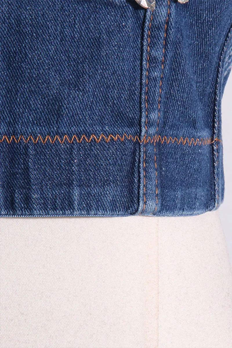 TF811 Rhinestone Stitch Sweetheart Denim Top