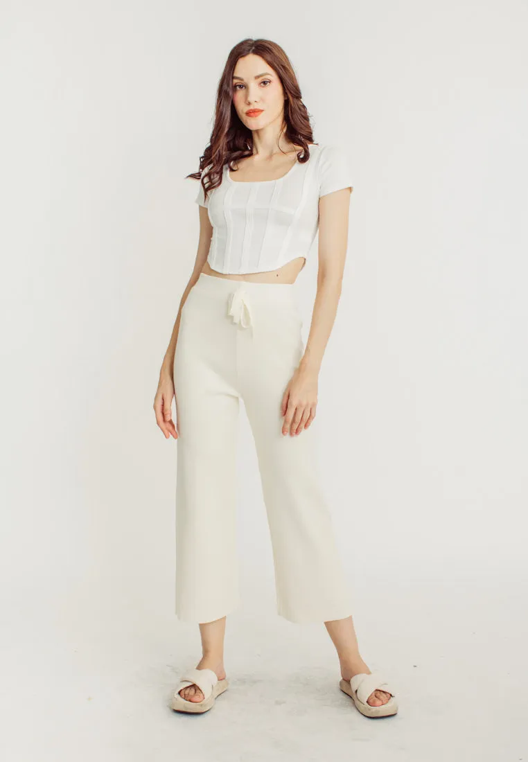 Tucker Cream Knitted Drawstring Elastic Waist Culottes