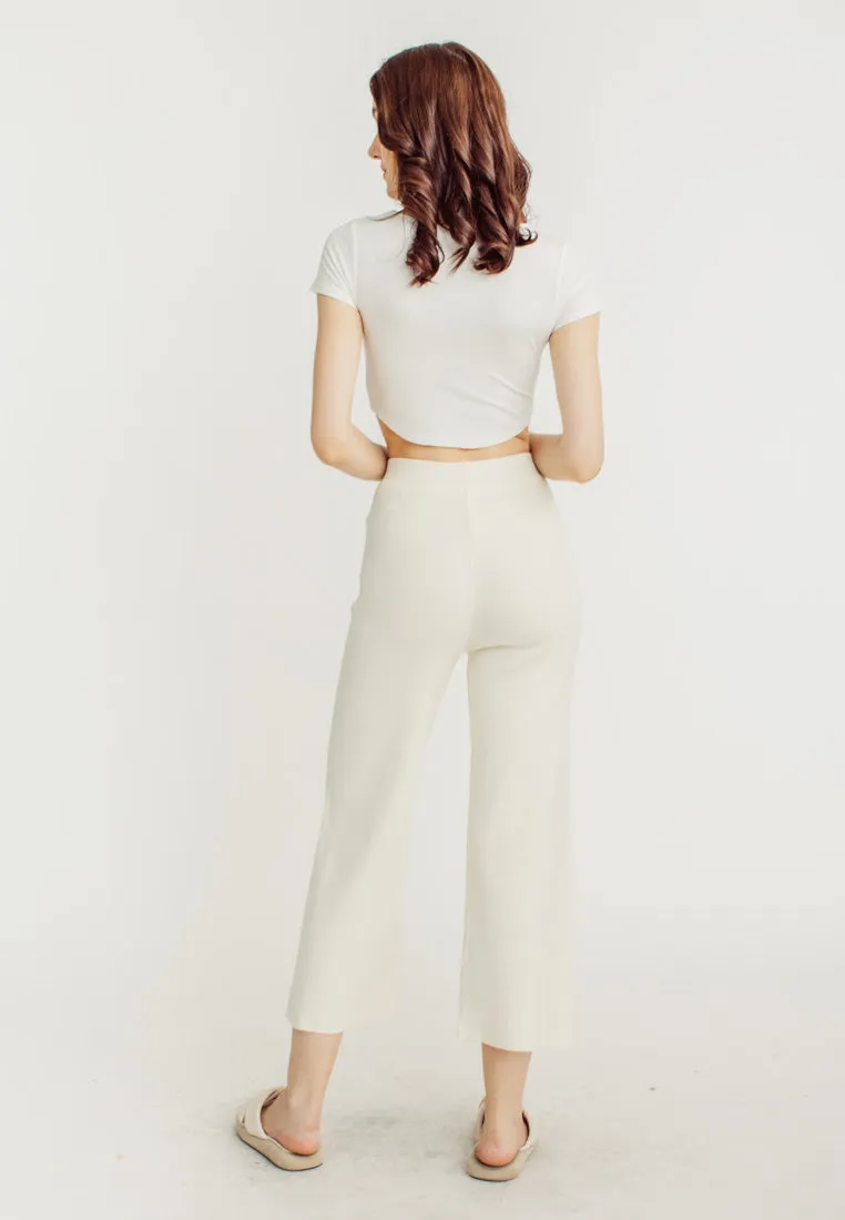 Tucker Cream Knitted Drawstring Elastic Waist Culottes
