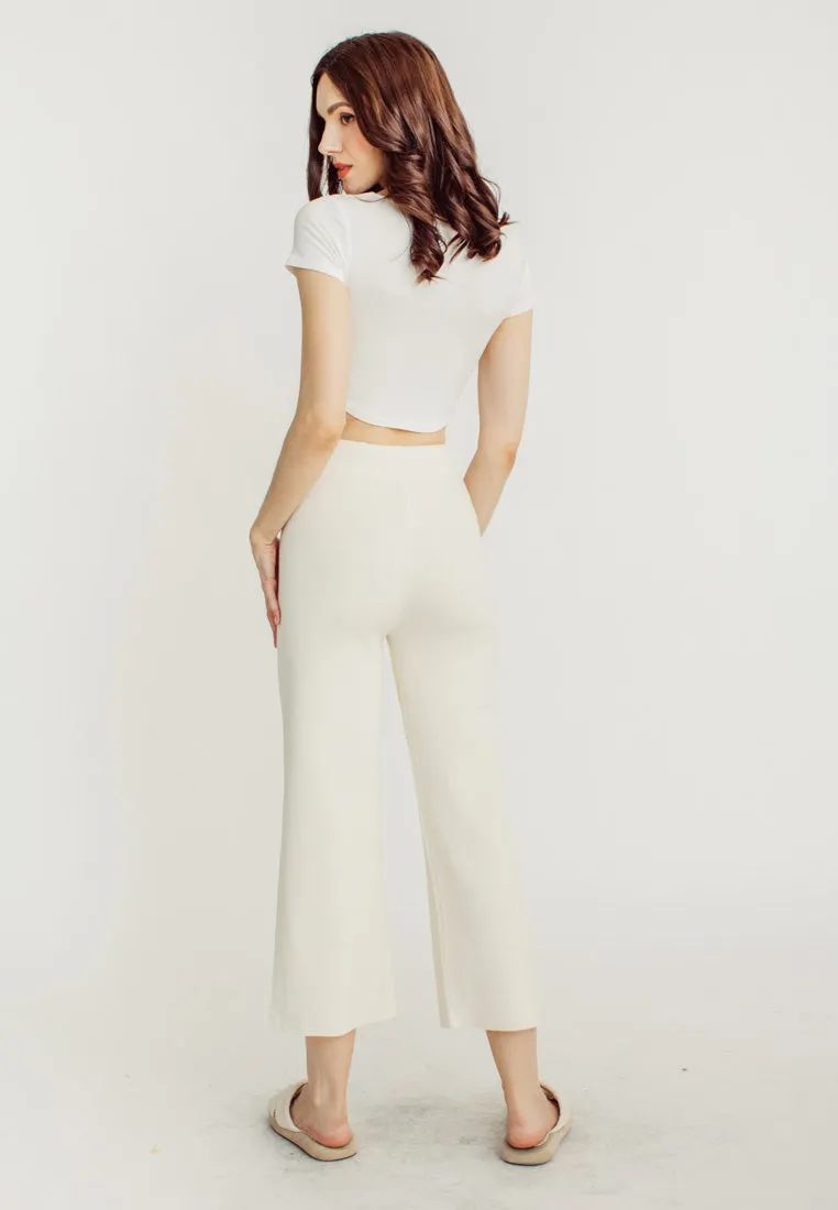 Tucker Cream Knitted Drawstring Elastic Waist Culottes
