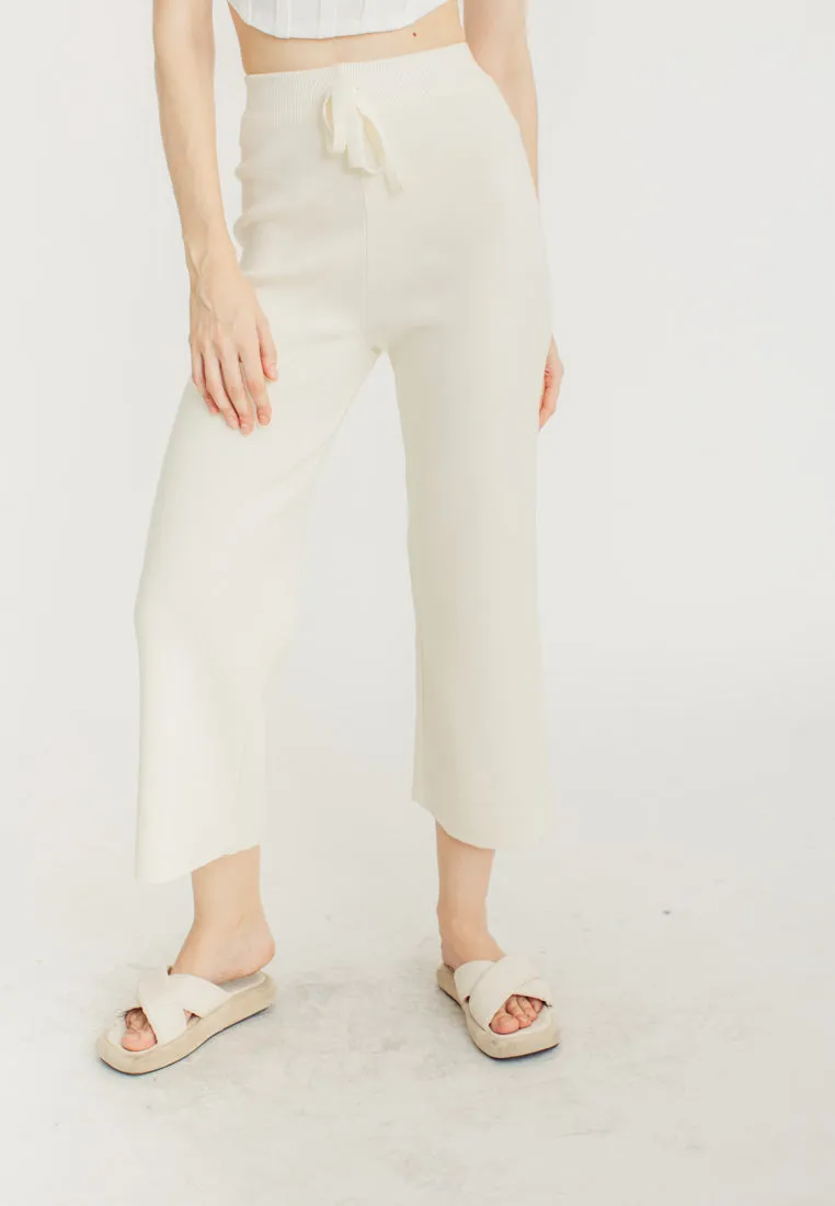 Tucker Cream Knitted Drawstring Elastic Waist Culottes