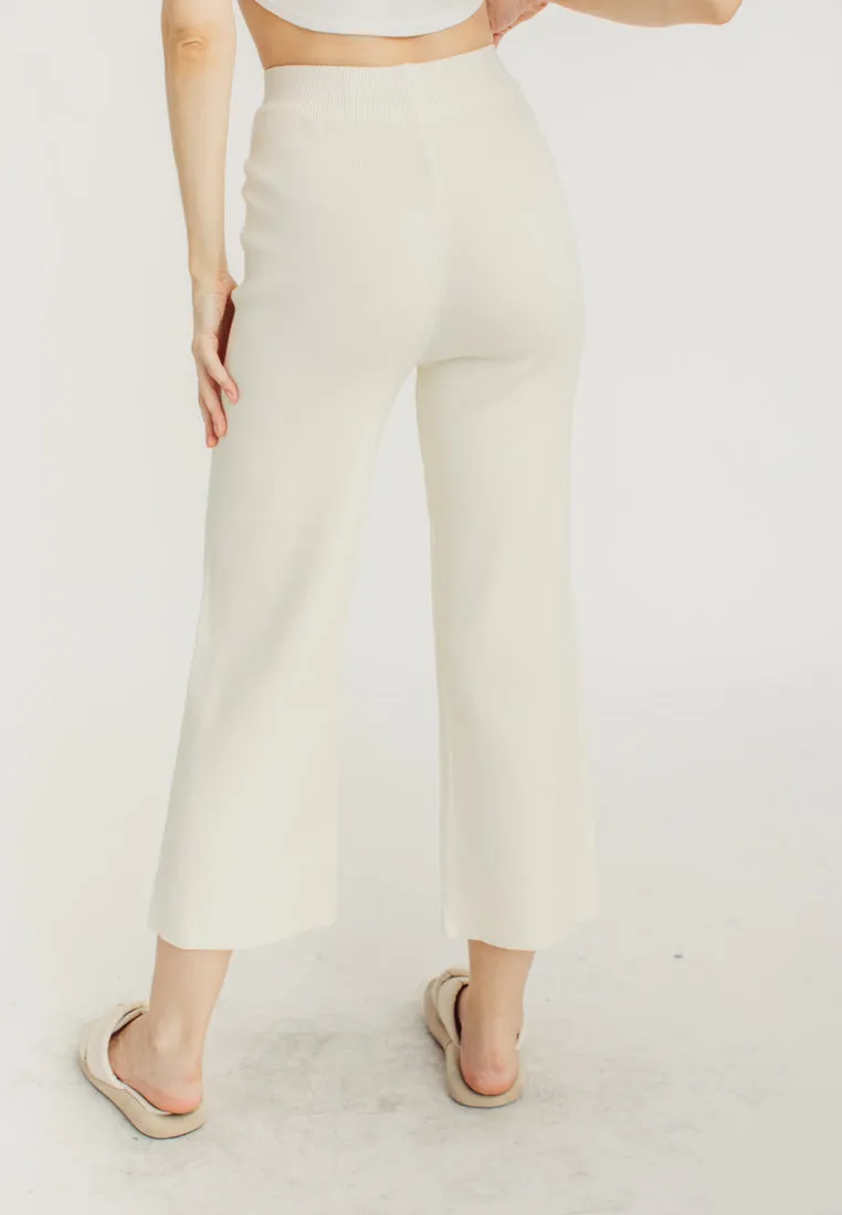Tucker Cream Knitted Drawstring Elastic Waist Culottes