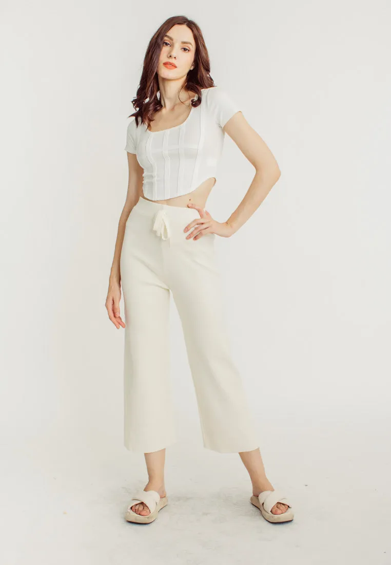 Tucker Cream Knitted Drawstring Elastic Waist Culottes