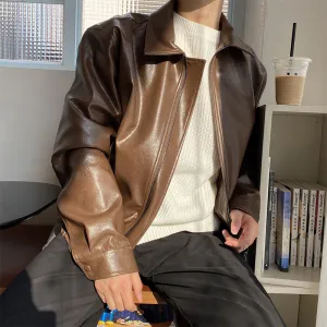 Voguable  Men's Clothing Autumn New Oversize Coat Korean Trend Loose Casual PU Leather Jacket Coat Male Zipper Lapel Clothes 9Y4382